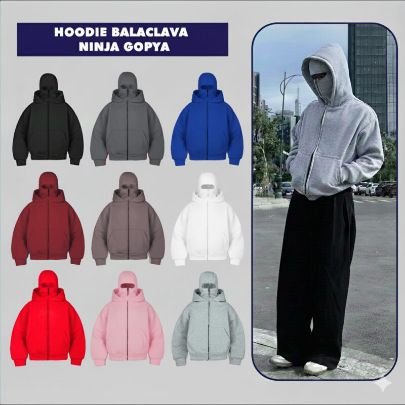 Áo Khoác Hoodie Zip Boxy Balaclava Ninja 2 mũ GOPYA, chất liệu nỉ bông, dày dặn, có túi trong, xỏ ngón, nón ninja 1